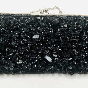 Vintage Black Beaded Clutch with Large Rhinestones, Handmade Evening Bag